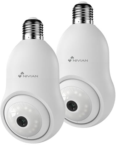 NIVIAN Telecamera di sorveglianza WiFi Tipo Lampadina 2K-Movimento 360° con Audio, Riconoscimento e Monitoraggio Umano-Visione Notturna, Compatibile con Alexa, Google Home, Tuya App (Pack 2 Fotocamere