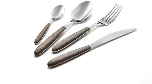 Eme P13BVR/NO Servizio Posate 6 Coltello 6 Forchetta 6 Cucchiaio 6 Cucchiaino Confezione Vetrina 24 Pezzi Modello Vero, Decoro Stampa Sublimatica Colore Noce, Nichel Free - Effetto Legno - NEW