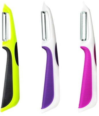 PNEATDEZ Vegetable Potato Peeler for Kitchen, 1 Piece Serrated Peeler for Soft Skin, 2 Pieces Straight Peeler for Apple Fruit Veggie, with Silicone Handle (Set of 3, Pink/Purple/Green)