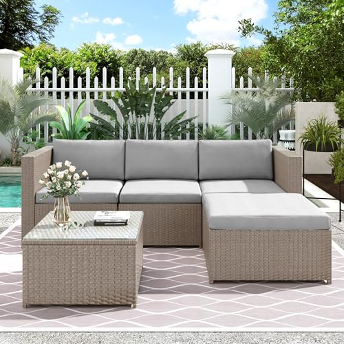BTM 4 Seater Garden Corner Sofa, PE Rattan Garden Furniture Set with Coffee Table, Khaki