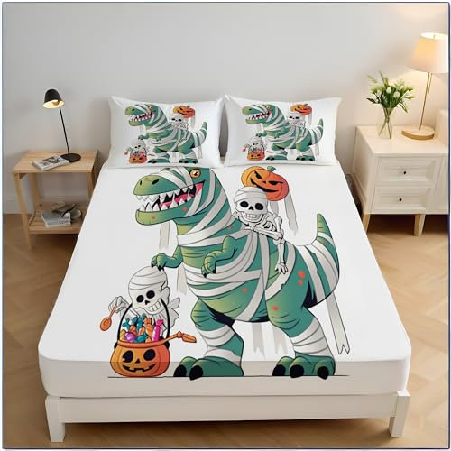 Lenzuola Singolo Traspirante, Completo Letto Composto Da 1 Lenzuolo Sotto Con Angoli Microfibra 90X190Cm, 2 Federe Cuscini 50X75Cm (Dinosauro Dei Cartoni Animati Illustrazione Di Halloween)