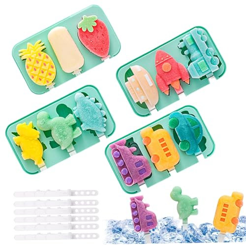 4 piezas de silicona moldes de paletas de silicona 3 cavidades moldes de paletas de bebé bpa molde de helado gratis frutas de dinosaurio lindo molde de hielo con tapa ＆ 24 palos