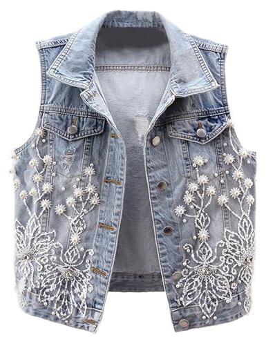 Veste en jean pour femme avec perles - Sans manches - Grandes tailles - Veste mi-saison - Vintage - Veste d'été courte - Veste d'été - Manteau d'été pour femme, Z-Blue, S