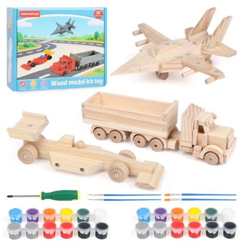 Jacootoys Holzbaukasten für Kinder, 3er-Pack DIY-Holzmodell-Bausatz | MINT-Projekte für Kinder, Holzbaukasten mit Farben und Pinseln für Jungen und Mädchen – Kampfjet, LKW, Rennwagen