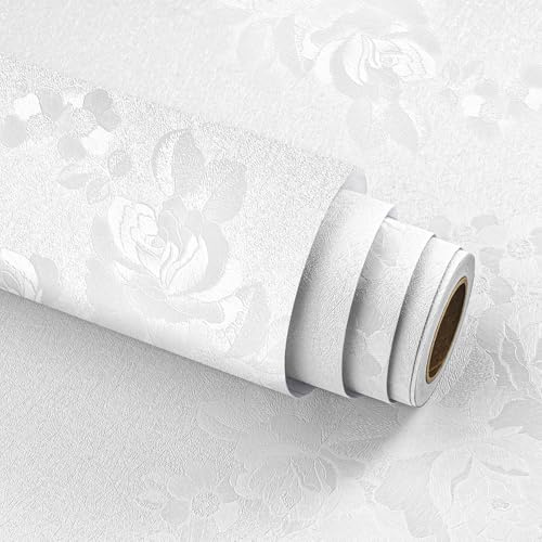 Stickyart Papier Peint Fleuri Vintage de Roses Blanc 30cmX400cm Papier Adhésif pour Meuble Blanc Vinyle Adhésif Cuisine Tapisserie Autocollante Murale Intissé Imperméable Amovible pour Salon Chambre