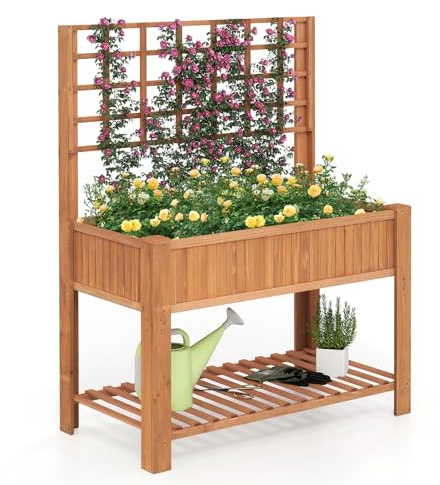 GOPLUS Hochbeet mit Spalier und Regalen, Gartenbeet Holz, Pflanzkasten mit 4 Entwässerungslöchern und herausnehmbarer Einlage, Blumenbeet für Balkon Garten Terrasse (Braun)