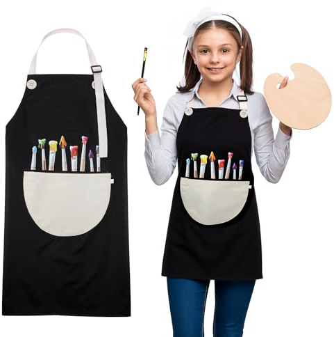 Lnngub Malschürze Kinder, 60 x 46 cm Kinder Schürzen mit Taschen Verstellbare Kleinkind Bastelschürze zum Malen, Kochen, Backen, DIY Basteln(Schwarz)