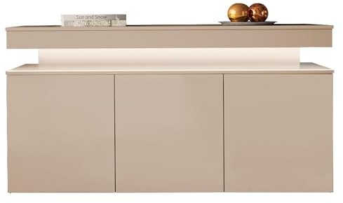 Mirjan24 Kommode Serkuzo Bis 3D 160 mit 3-Türen, weißer LED (Wüstensand) | Grifflose Türkommode mit 6 Innenfächern, Push-to-open-System und Soft-Close-System, B/H/T: 160/83/39 cm
