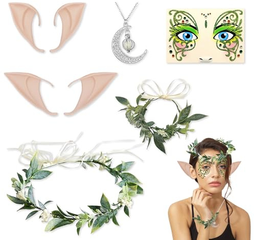 Elfen Kopfschmuck mit Elfenohren, 6 Stück Elfen Kostüm Zubehör Set, Elfe Waldfee Kopfschmuck Blatt Blumen Armband Halskette Gesicht Aufnäher für Halloween Karneval Hochzeit Cosplay