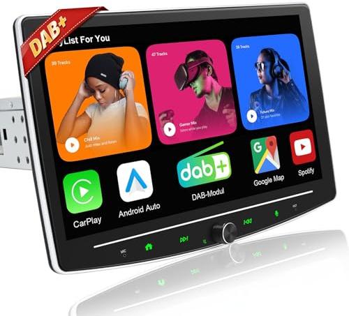 Android 12 Autoradio mit Bildschirm DAB+, 10.1 Zoll Wireless CarPlay & Android Auto 1Din Autoradio mit Display, 1 Din Car Play Radio mit Bluetooth WiFi Navi FM RDS GPS SWC USB EQ