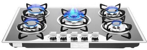 Gas Hob w/5 Burners, 8.5KW Advanced Black Grey Cooktop NG/LPG Sources Convertible, 77.5cm Portable Built-in Black Glass Gas Hob, Flame Failure Safe Ignition Protection with 180° Fire Adjustment