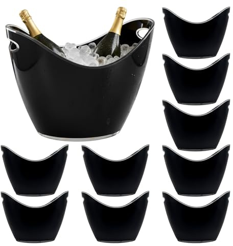 Chabrias Ltd 10 Pack - 8 Litre Black Acrylic Ice Bucket - 35 x 26 x 27cm - Large Drinks & Champagne Tub with Carry Handles - 8 Litre Beverage Drinks Cooler for Wine, Beer & Garden Parties (10-Pack)