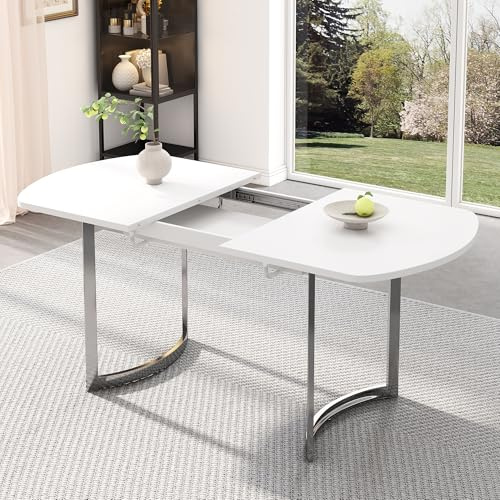 Bladez Ausziehbarer Esstisch 140-180 cm Oval | Luxus Versilberte Beinen | Weißer Küchentisch Modern Elegant | Für 6-8 Personen | MDF Tischplatte (Weiß+Versilberte)