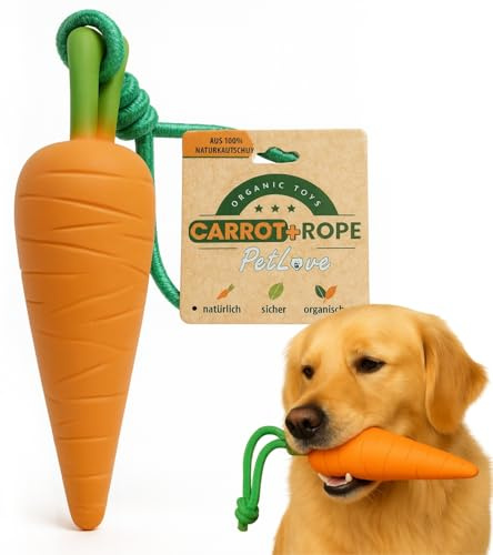 PetLove Organic Toys Karotte mit Seil • Hundespielzeug aus 100% Naturkautschuk • Robust & langlebig • Mit Quietschgeräusch • Für Zerr- & Wurfspiele