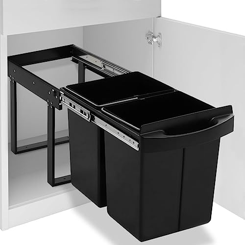 Poubelle de cuisine extractible avec système d'abaissement automatique, deux compartiments pour le tri des déchets, montage et nettoyage faciles