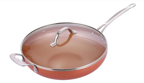 Culinary Edge Hammered Copper 12” Deep Sauté Pan & Wok with Lid, Heavy Gauge Aluminum, Titanium-Copper Ceramic Nonstick, PFOA/PTFE Free, Induction & Oven Safe
