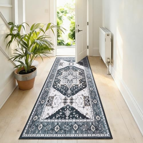 Puremy Vintage Teppich Läufer, Waschbar Bettvorleger 80X150CM, Schwarz | Boho Küchenteppich, Retro Kurzflor Flur Ideal für Eingangsbereich, küchen, Esszimmer, Schlafzimmer, kinderzimmer, Studie