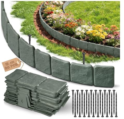 Bordure Jardin Flexible en Plastique 5m,Hauteur 10cm,Épaissie, Bordures de Jardin Exterieur Imitation Pierre,Petite Clôture pour Pelouse,Massif et Allée