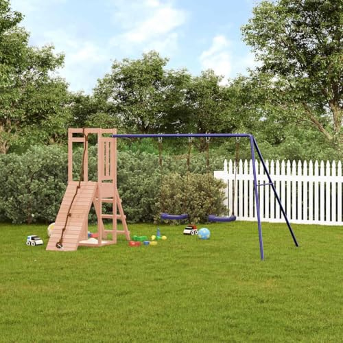 Kaloriko Torre de juegos de madera maciza Douglas con columpio doble y arenero, estructura de escalada de jardín de madera resistente a la intemperie, casa de juegos para niños con tobogán, columpio