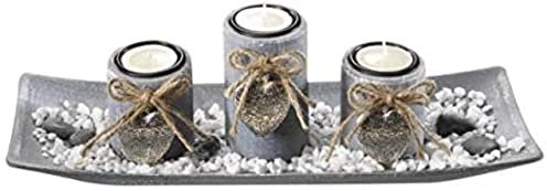 Dekoschale rechteckig mit 3 Kerzenhalter aus Holz grau und Steindekoration