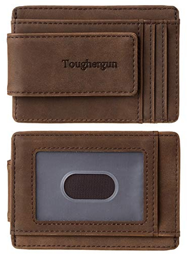 Toughergun Slim Wallet for Men RFID Blocking Money Clip, Minimalist Front Pocket Credit Card Holder, Magnetic Thin Mens Wallets with ID Window(Coffee)