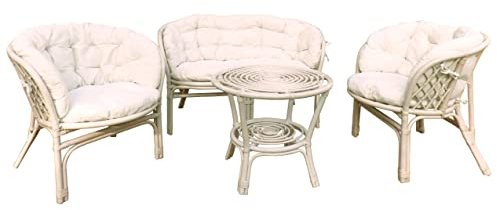 fantasie d oriente Salotto Vimini Rattan Bianco 2 POLTRONE 1 Divano 1 Tavolo CASA E Giardino Completo di Cuscini con Laccetti Non in Kit di Montaggio spedito su bancale