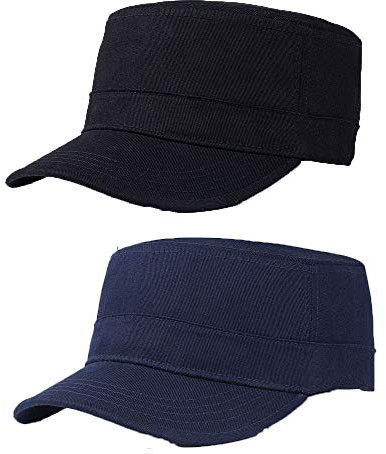 Ritte 2 Stück Baumwoll Armeekappe, Flache Baseballkappe, Kadettenhut, Verstellbar für Männer und Frauen (Schwarz, Marine)