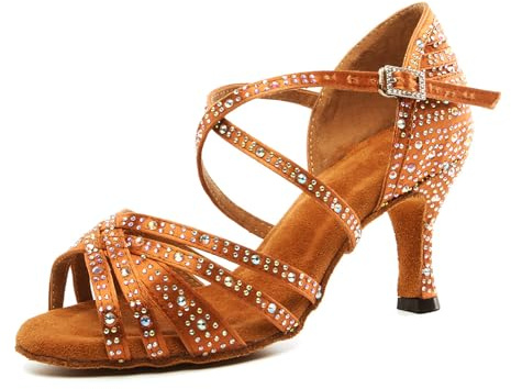 SWDZM Scarpe da Ballo Latino Americano con Strass Salsa e Bachata Donna,Marrone,EU 35