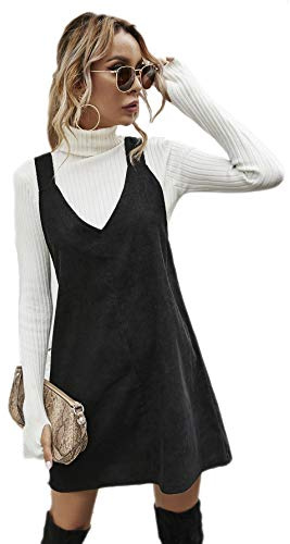 Floerns Women's Casual V Neck A Line Corduroy Pinafore Overall Dress A Black L