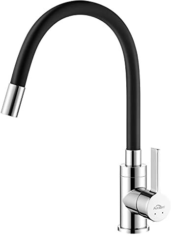 Auralum Rubinetto da cucina flessibile, rubinetto per lavello da cucina girevole a 360°, rubinetto da cucina nero, miscelatore per lavello con beccuccio flessibile