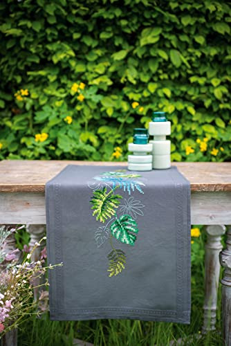 Vervaco Stickpackung Kreuzstich Set Vorgedruckt Tischläufer botanische Blätter Stickdecken Vorgezeichnet Basteln Erwachsene Kreativ Stickläufer zum Selbersticken 40 x 100 cm Stickset