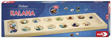 Noris 606101981 - Deluxe Kalaha i Trä - Det Klassiska Taktikspelet Kalaha i Trä med Glaspärlor, Innehåller 1 Spelplan och 48 Glaspärlor, Passar 2 Spelare, Från 6 år
