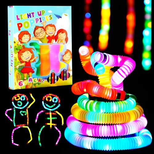 SCIONE 6 Pack Pop Tubes Lumineux Fidget Jouets Sensoriels de Tuyau pour Enfant Jouets Motricité Fine de Tout-Petit Pop LED Bâtons Lumineux Party Favours Fournitures de Fête Lumineuses Cadeau de Noël