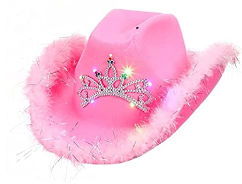 Bagima Krone Cowboyhut, rosa Cowboyhut mit Dimond Light, lustige Filz-Kordelzug-Cowgirl-Kappe, Neuheit Cosplay Partykostüm