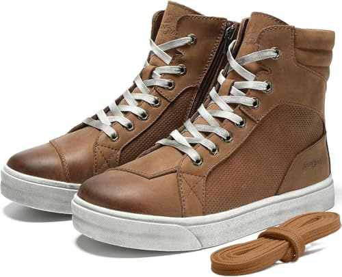 Motorradschuhe Herren Leder Retro Motorradstiefel Männer lässige motorrad sneaker reissverschluß mit Schaltpolster, Rutschfeste Sohle(Braun, 44)