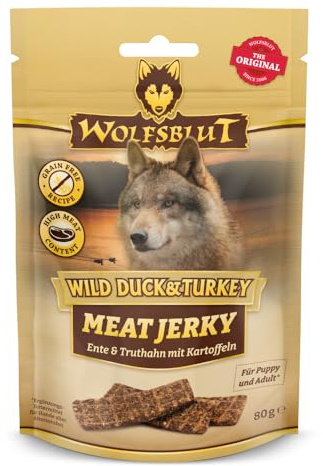WOLFSBLUT – Wild Duck & Turkey Meat Jerky | Hundesnacks mit natürlichen Zutaten und wertvollen Superfoods. Getreidefreier Hundesnack ohne Zusatzstoffe im Beutel | 6x80g Ente und Truthahn