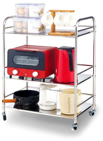 susunnus Stainless Steel Cart with Wheels 3 Tier,Stainless Steel Kitchen Cart,Utility Cart,Metal Cart with Wheels,Suitable for Various Occasions,Movable,Gift Tools