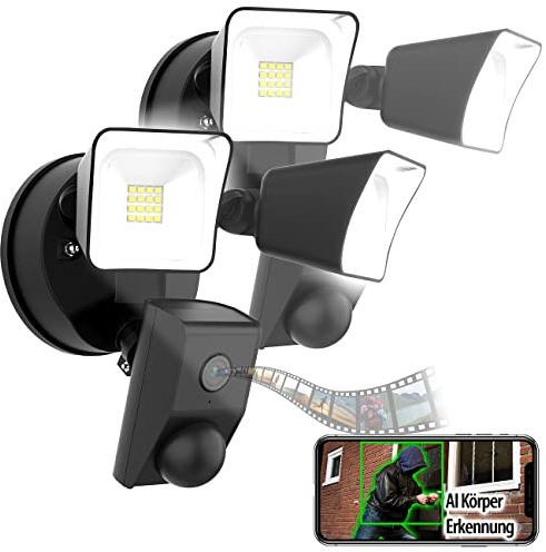 VisorTech Fluter mit Kamera: 2er-Set 2K-Kamera, 2 LED-Strahler, 2.400lm, Sirene, WLAN, App (Überwachungskamera mit Fluter, IP-Nachtsicht-Überwachungskamera)