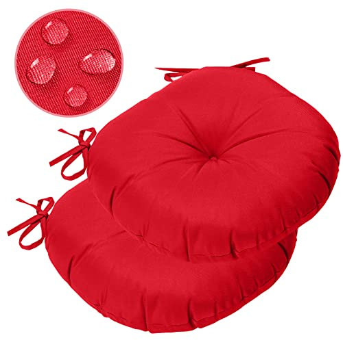 GUEGLSA Outdoor Tufted Round Cushions 15 inch, Waterproof Bistro Chair Cushions 15x15x3, Circular Seat Pads with Ties for Patio Garden, Set of 2, Red