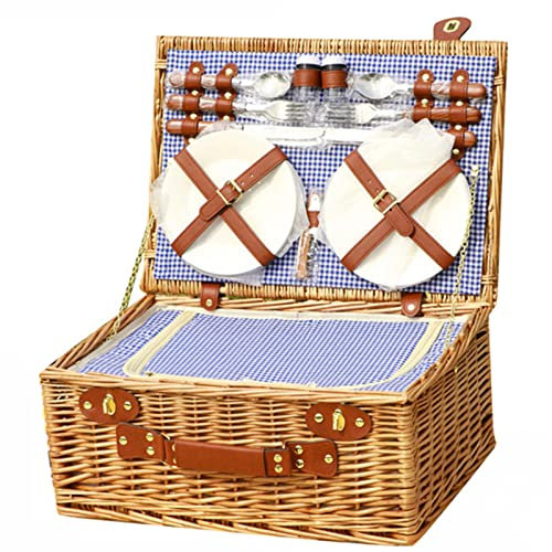 YEDECOR Handgefertigter Wicker Picknickkorb für 4 mit isoliertem Kühler, Willow Hamper Korb Sets mit Geschirr Besteck Perfekt für Picknick, Camping, Outdoor, Fotoshooting, Geburtstagsgeschenk,Blue