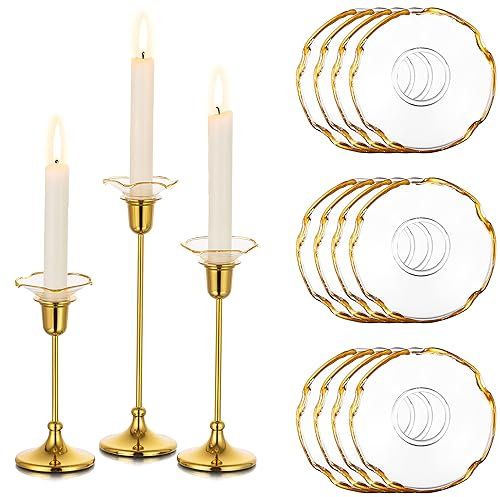 Glasseam Glass Candlestick Bobeches for Candles, Set of 12 Gold Rim Candles Drip Protectors, Unique Candle Wax Drip Catchers for Candle Sticks Holder Decor, Small Tapered Candle Rings for Table Decor