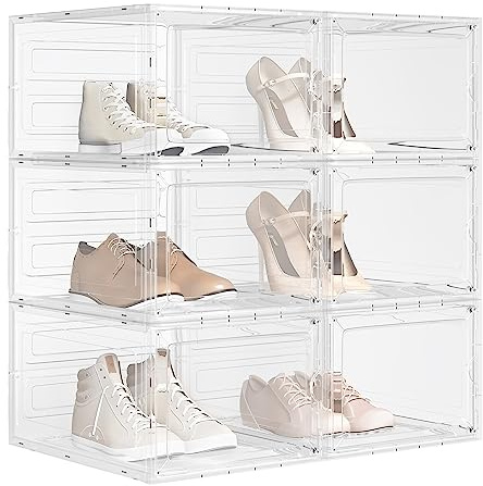 WOLTU 6x Cajas de Zapatos Transparentes, Organizador de Zapatos Apilables con Tapa Frontal, Cajas de Almacenaje para Zapatos Mujer, Hombre y Niños, 34x27x19 cm para Zapatos hasta Talla 46