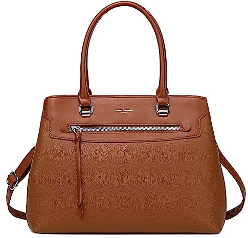 David Jones - Damen Handtasche Elegante - Henkeltasche PU Leder - Stilvolle Schultertasche Shopper Tasche Frau - Klassische Tote Bag Viele Fächer & Taschen - Umhängetasche Alltag Arbeit - Cognac Braun