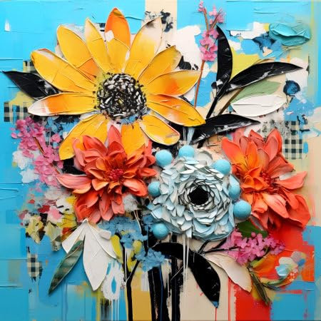 Acryl-Bild 90 x 90 cm: Bunte Blumen an die Wand gemalt. Abstrakter Hintergrund für Design. (213209450)