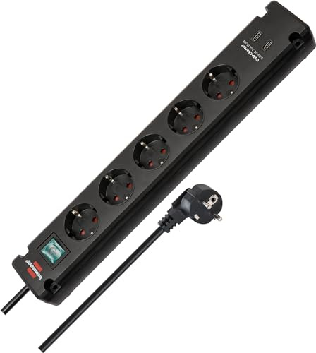 Brennenstuhl Bremounta 5-faldigt grenuttag med USB C-laddningsfunktion (grenkontakt med strömbrytare, väggmonterat grenuttag, 2x USB C och 3m kabel) svart