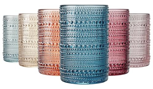 Khen Beaded Highball Drinking Tumbler Set | Set of 6 | Holiday Decor Vintage Hobnail 12 OZ Muted Bubble Design Whiskey Glassware, Old-Fashioned, Embossed Design Glass for Water Wine, Cocktail