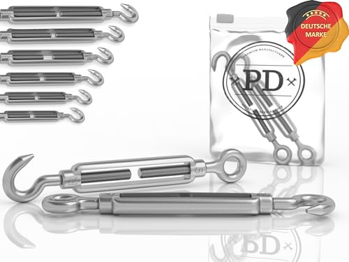 PD® Spannschloss M6 Edelstahl A4 (Haken-Öse) | Seilspanner Sonnensegel ROSTFREI | Spannhaken mit Spannschraube | Drahtspanner für Segel Befestigung, Wäscheleine & mehr | Drahtseil Spanner | 4 Stück