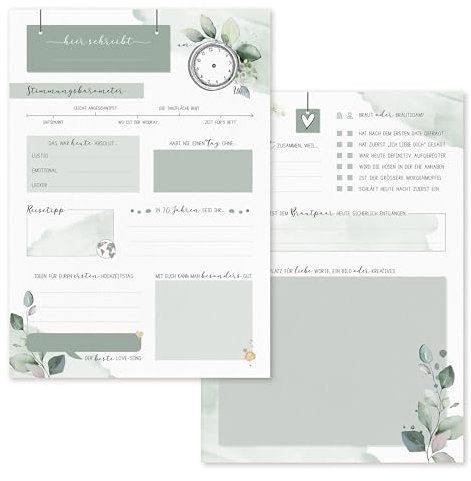 Gästebuchkarten für Hochzeit, 25er Set in DIN A5 (14,8x21cm), Hochzeitsspiel mit Fragen zum ausfüllen im Greenery Eukalyptus Look, Gästekarten als Gästebuch Alternative