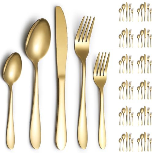 Cutlery Set 60 Pieces Service for 12, ReaNea Gold Flatware Set, Titanium Plating Cutlery Set Include Dinner Knives, Dinner Spoons, Dinner Forks, Teaspoons, Dessert Forks, Dishwasher Safe