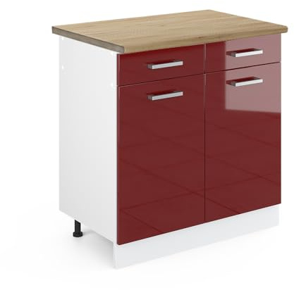 Vicco Küchenunterschrank R-Line, Rot Hochglanz, 80 cm, AP Eiche